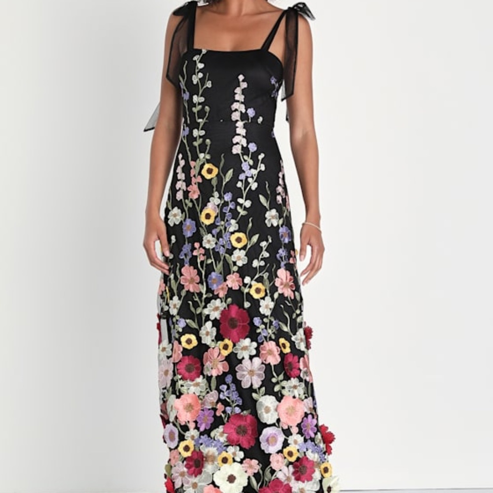 Lulus Thriving Poise Black 3d Floral Embroidered Tie-strap Maxi Dress - Size XS